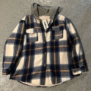 Plaid Button-Down Shirt with Hood